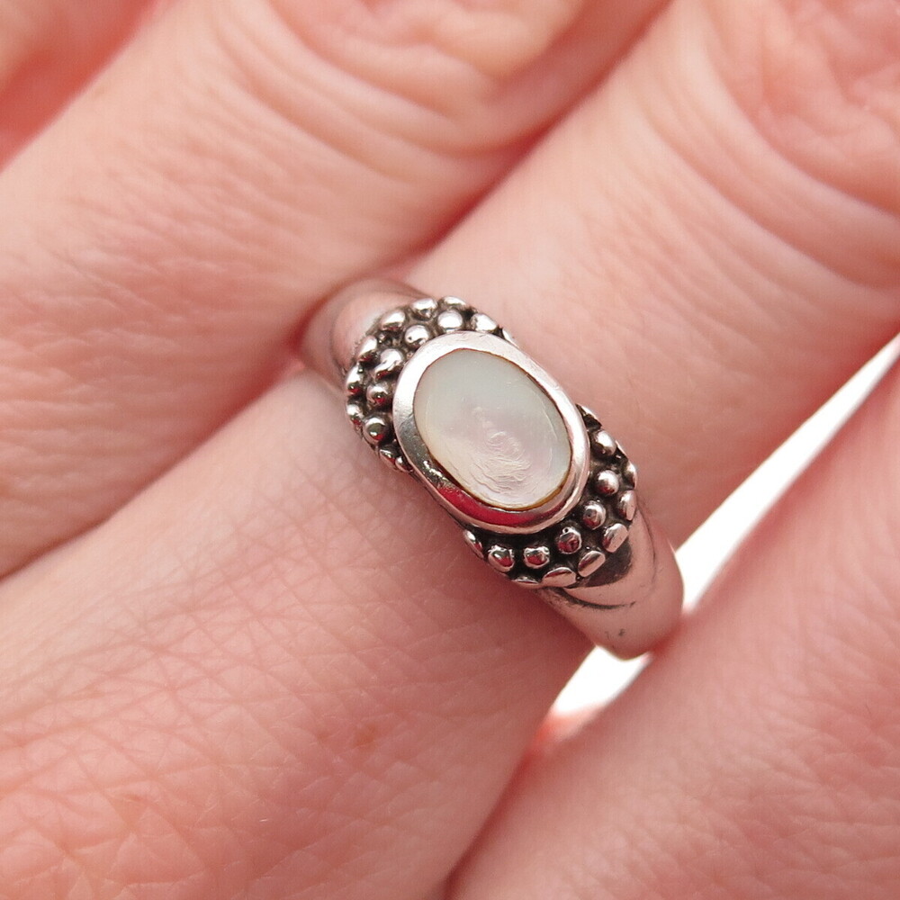 925 Sterling Silver Vintage Real MOP Beaded Oxidized Ring Size 6.75
